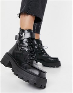 Черные кожаные массивные ботинки на шнуровке с квадратным носком Acute Asos design