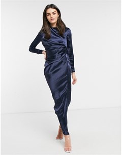 Темно синее атласное платье макси с высоким воротником драпировкой и длинными рукавами Asos design