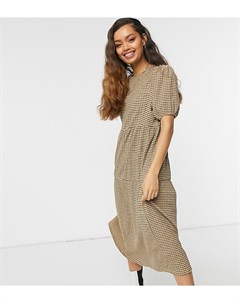 Свободное ярусное платье миди в бежево черную клетку ASOS DESIGN Petite Asos petite