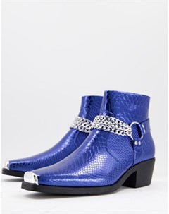 Синие лакированные ботинки челси в стиле вестерн на кубинском каблуке с серебристой цепочкой Asos design