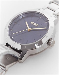 Серебристые женские часы браслет с синим циферблатом Hugo