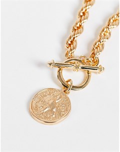 Золотистое массивное ожерелье с Т образной застежкой и подвеской монеткой DesignB Designb london