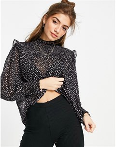 Черная шифоновая блузка в горошек с высоким воротником и сборками New look