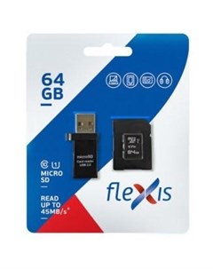 Карта памяти microSDXC 64GB Cl10 U1 c адаптером и USB картридером Flexis