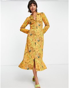 Платье миди в стиле 70 х из переработанного полиэстера теплого желтого цвета на пуговицах с цветочны Damson madder