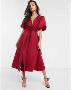 Красное платье миди для выпускного с объемными рукавами Asos design