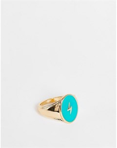 Золотистое кольцо печатка с голубой отделкой с молнией ASOS DESIGN Accessorize