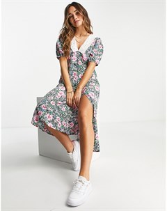 Чайное платье миди с разрезом спереди винтажным воротником и ярким цветочным принтом Neon rose