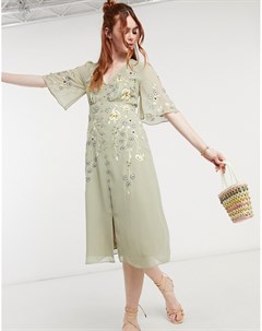 Шалфейно зеленое чайное платье миди с цветочной вышивкой и глубоким вырезом Hope & ivy