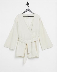 Белое платье кимоно из ткани под лен с запахом и поясом In the style