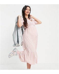 Ярусное платье миди в клетку розового цвета с запахом и короткими рукавами New look maternity