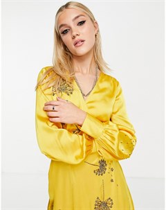 Золотисто желтое платье мини с запахом и отделкой в форме одуванчиков Hope & ivy