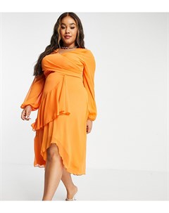 Оранжевое двухслойное платье миди с длинными рукавами запахом на талии ASOS DESIGN Curve Asos curve
