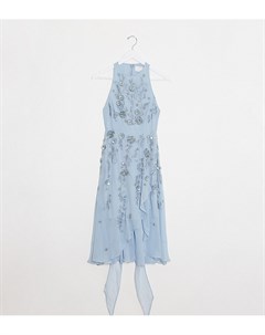 Голубое платье миди с изысканный отделкой в виде объемных 3D цветов с запахом на талии и многослойно Asos petite