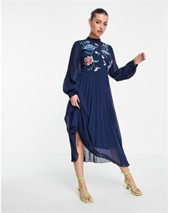 Приталенное плиссированное платье миди темно синего цвета с высоким воротником длинными рукавами и в Asos design