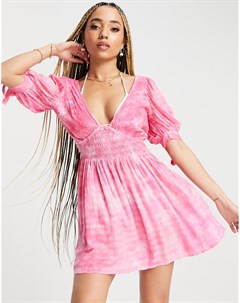 Розовое пляжное платье мини из жатой ткани с вышивкой ришелье Asos design