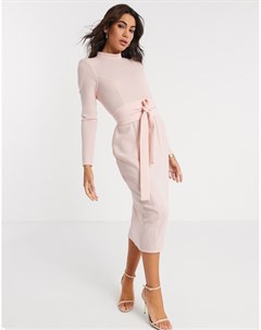 Розовое платье миди с длинными рукавами и поясом оби Asos design