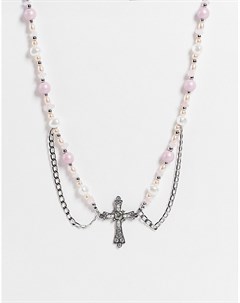 Серебристое ожерелье с искусственным жемчугом крестиком и цепочками Asos design