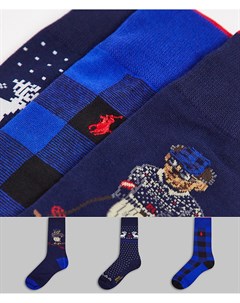 Новогодний подарочный набор из 3 темно синих носков с принтом медведя Polo ralph lauren