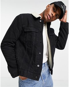 Черная джинсовая куртка с подкладкой из искусственного меха светло бежевого цвета Asos design