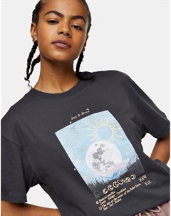 Темно серая футболка с принтом солнца и луны Topshop