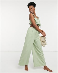 Эксклюзивные травянисто зеленые пляжные брюки широкого кроя с завышенной талией от комплекта Fashion union