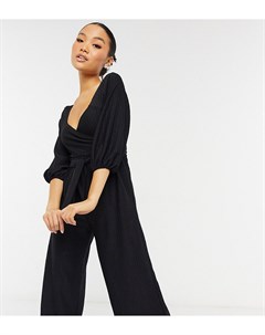 Черный свободный комбинезон из фактурной ткани с запахом спереди ASOS DESIGN Petite Asos petite