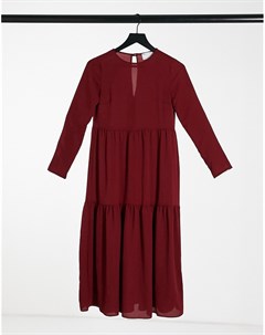 Темно бордовое ярусное платье миди свободного кроя с длинными рукавами Asos design