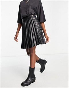 Черная плиссированная мини юбка из искусственной кожи с пуговицами сбоку Vila