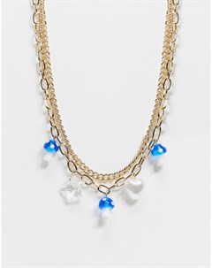 Золотистое ожерелье в несколько рядов с синими подвесками в виде грибов Topshop
