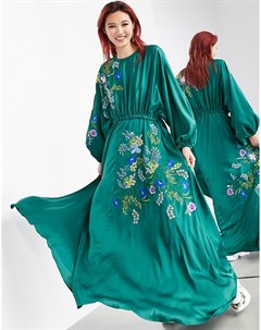 Темно зеленое платье миди с вышивкой и отделкой бисером Asos edition