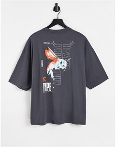 Угольная oversized футболка из смесового органического хлопка с принтом птицы на спине Asos design