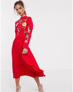 Красное платье миди с плиссированной юбкой и вышивкой Asos design