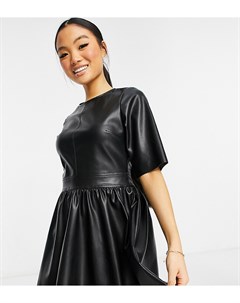 Черное платье футболка мини из искусственной кожи с короткой расклешенной юбкой ASOS DESIGN Petite Asos petite