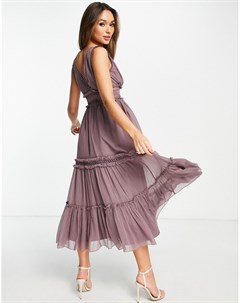 Платье миди с оборками и кружевной вставкой лилового цвета Asos design