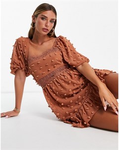 Расклешенное платье мини из фактурной ткани добби шоколадного цвета с кружевными вставками ASOS DESI Asos design