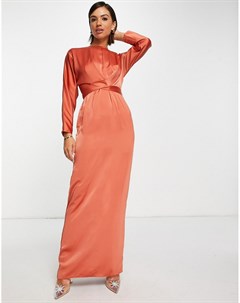 Атласное платье макси рыжего цвета с рукавами летучая мышь и запахом на талии Asos design