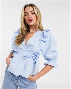 Голубая блузка с запахом и оборками из поплина New look