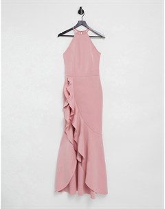 Розовое платье с оборками и воротом петлей Lipsy