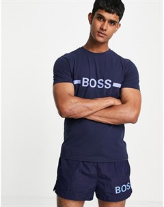 Облегающая футболка темно синего цвета с акцентным логотипом на груди и защитой от солнца BOSS Beach Boss bodywear