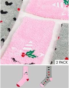 Набор из 2 пар пушистых носков с единорогом розового и серого цветов Threadbare