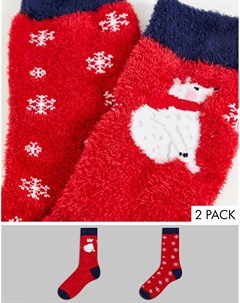 Набор из 2 пар теплых носков красного цвета с принтом полярного медведя Threadbare