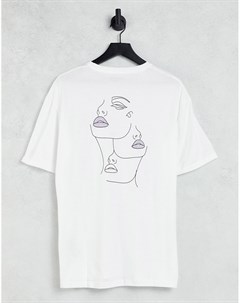 Белая oversized футболка из органического хлопка с принтом скетча лиц на спине Selected homme