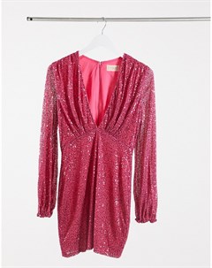 Розовое платье мини украшенное пайетками с глубоким вырезом и длинными рукавами Club l london