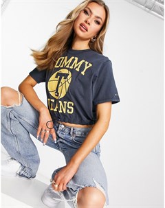 Свободная укороченная футболка темно синего цвета с логотипом Tommy jeans
