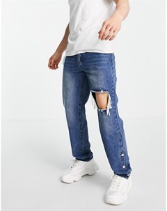 Свободные джинсы винтажного синего цвета со рваной отделкой и кнопками по краю Mennace