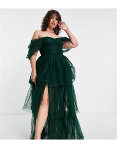 Эксклюзивное изумрудно зеленое платье макси из тюля с открытыми плечами Lace & beads plus