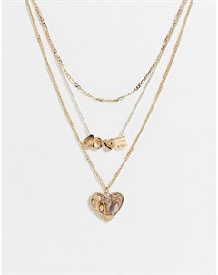 Золотистое многоярусное ожерелье с подвесками с надписью Love и в виде сердца из искусственного гели Glamorous