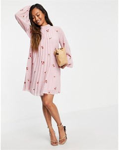Розовое плиссированное платье мини А силэута со сплошной вышивкой Asos design