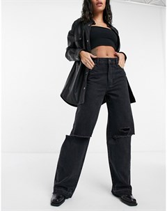 Черные свободные джинсы в стиле 90 х со рваной отделкой Bershka